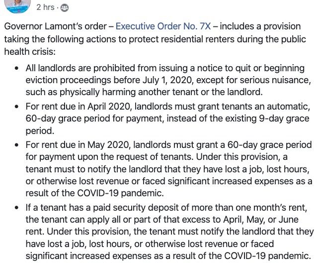 The governor of Connecticut issued an order yesterday giving tenants the option to postpone April's rent and ...