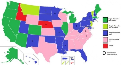 מפה: חוקי הקאנביס במדינות השונות בארצות הברית