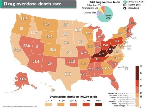 מפת המדינות בארצות הברית שבהם מתו הכי הרבה צרכני סמים ממנת יתר כמו שאנחנו…