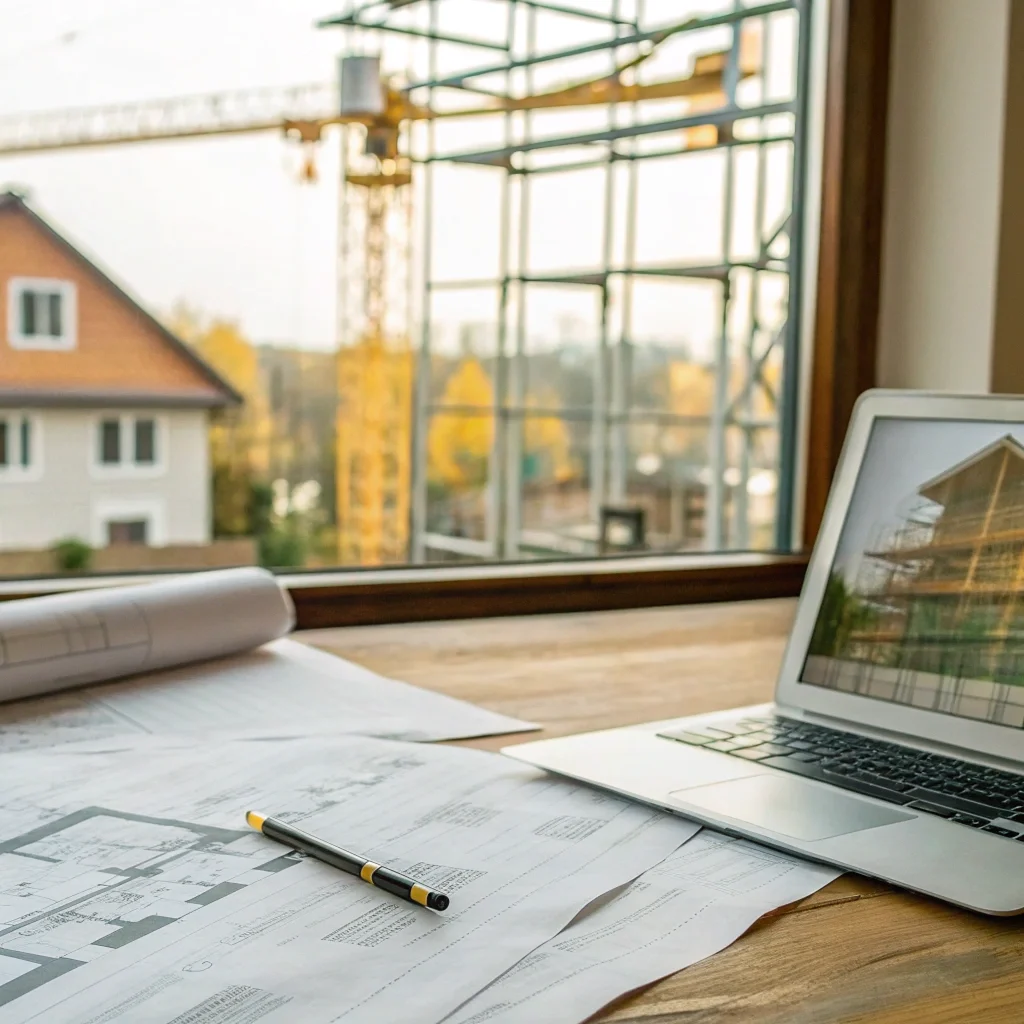 Desk with blueprints and a laptop for researching hard money lenders for house flipping.