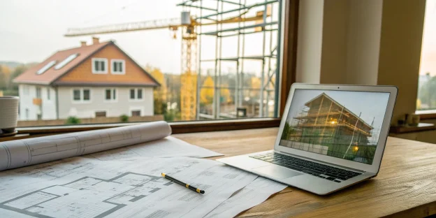 Desk with blueprints and a laptop for researching hard money lenders for house flipping.