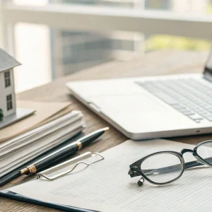 منزل نموذجي وأوراق قرض على مكتب لصفقة ممولة من قبل مقرضي الأموال الصعبة.