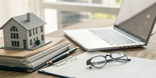 A model house and loan paperwork on a desk for a deal financed by hard money lenders.