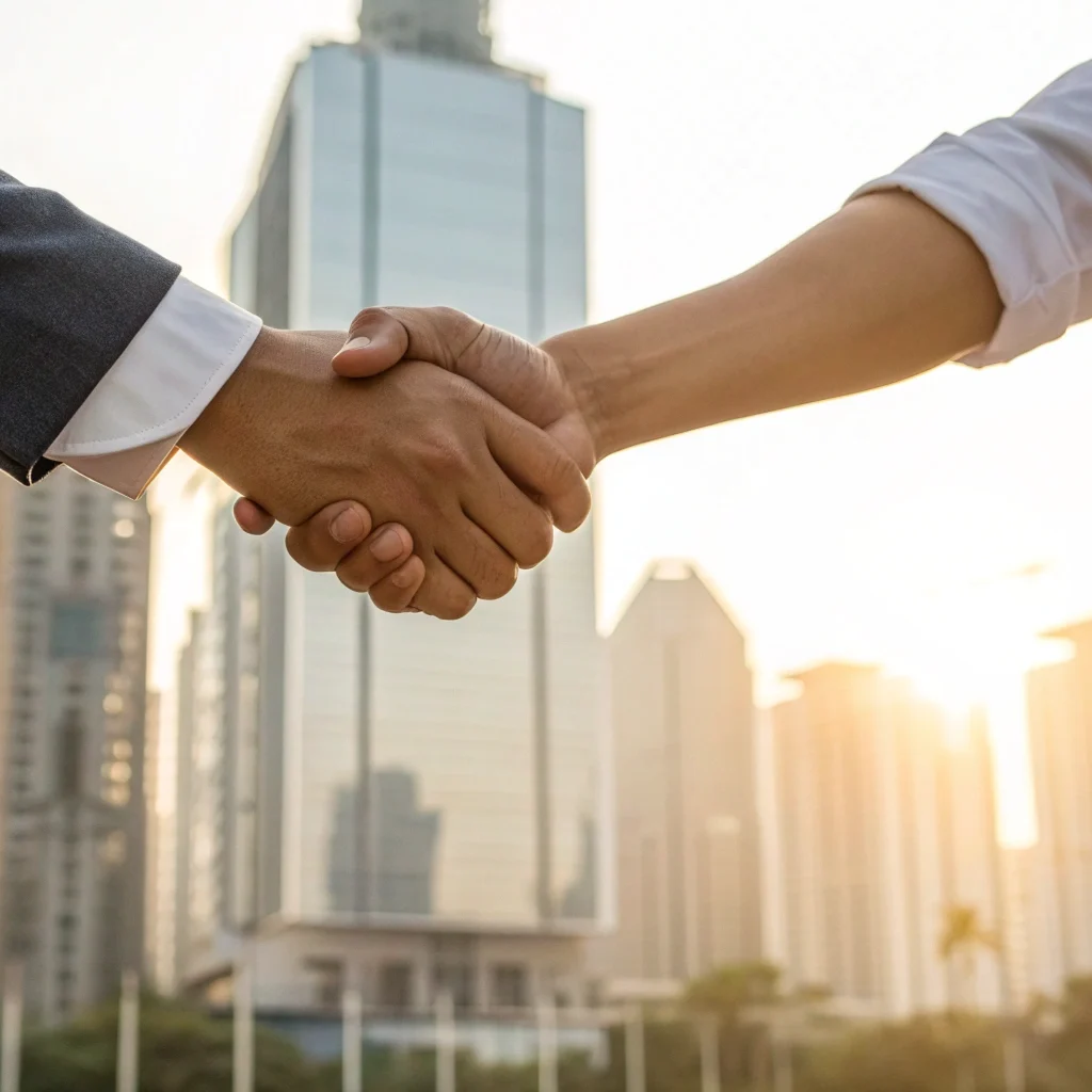 A business handshake finalizing a hard money loan for a real estate deal.