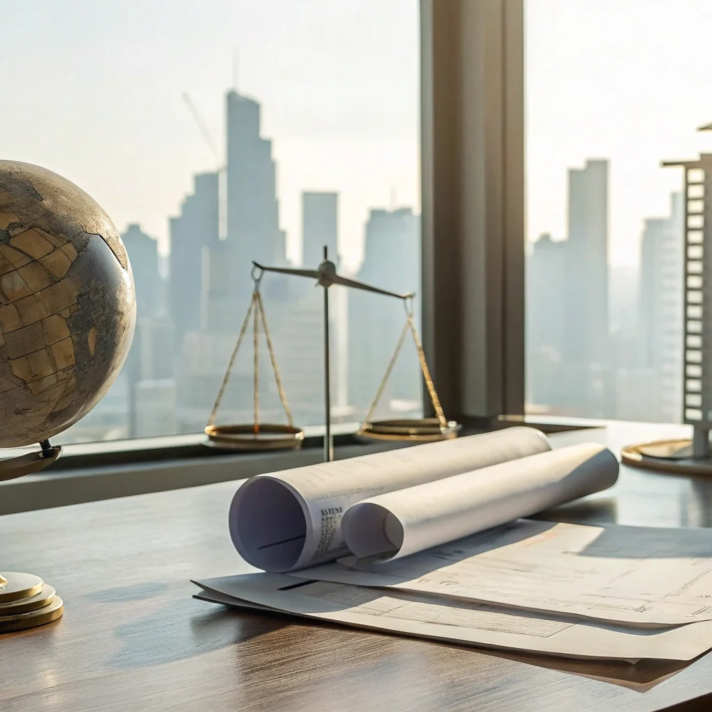 An apartment building model and blueprints laid out on a desk for securing financing.