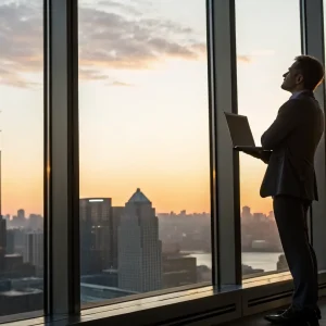 Investor overlooking a city while researching current apartment mortgage rates.