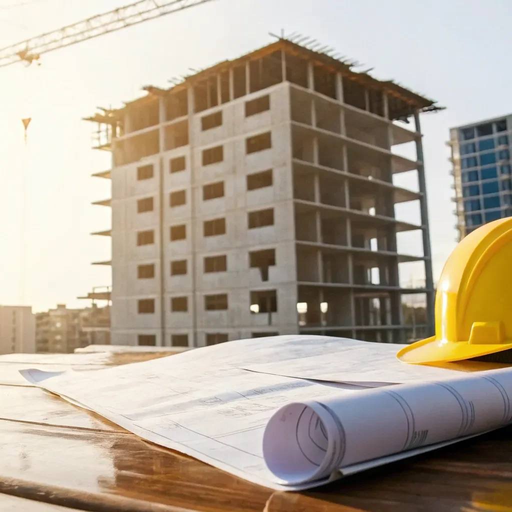 A hard hat and blueprints for a new rental property construction loan.