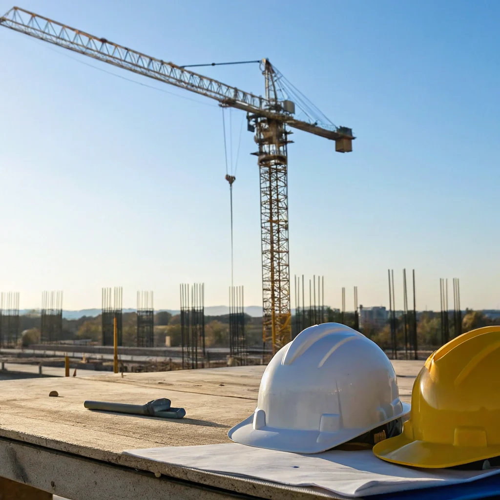 Blueprints and a hard hat on a new construction site for an investor loan.