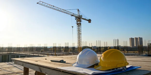 Blueprints and a hard hat on a new construction site for an investor loan.